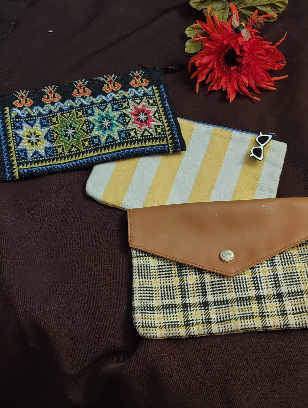 Bundle of 3 Unused Cosmetic Pouches Ipsy Glam Bags Tribal Cross Stitch Pouch